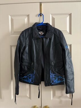 Harley-Davidson Black Leather Jacket with Blue Scroll Accents